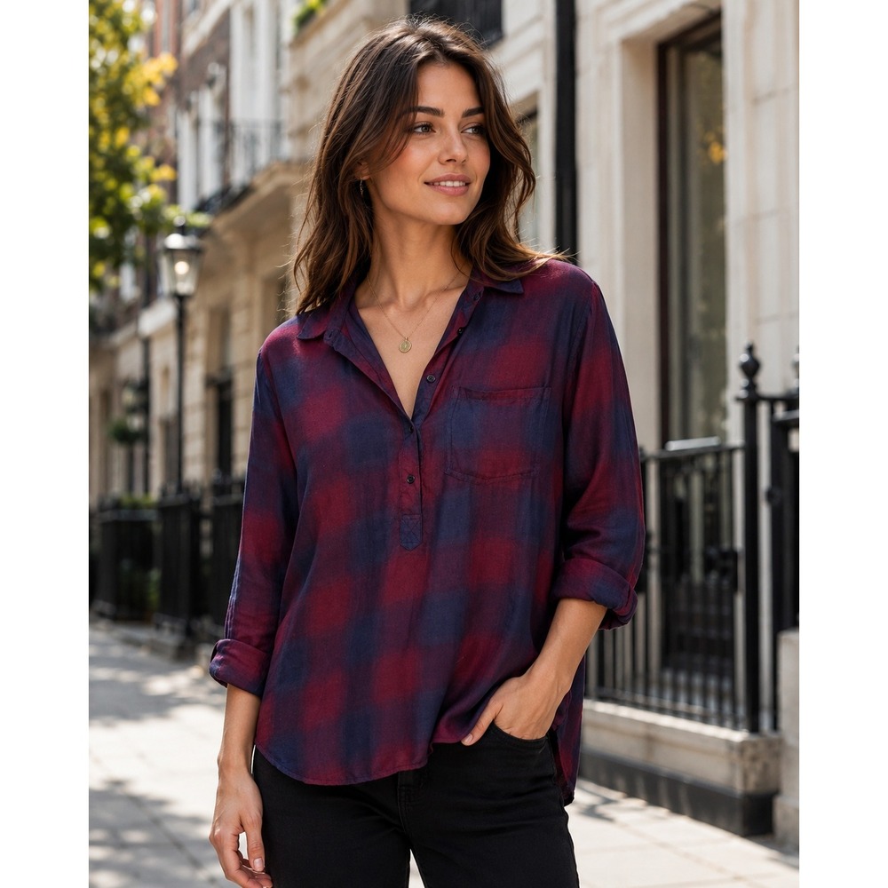 Cosmic Blue Love Plaid Tunic Top Burgundy Navy Blue Buffalo Check NWT Womens S